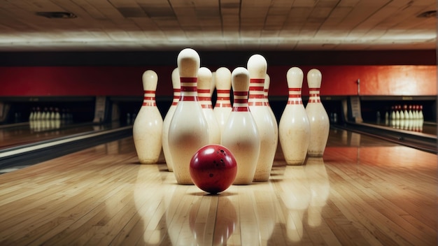 Foto la pelota de bolos roja rodando hacia los alfileres