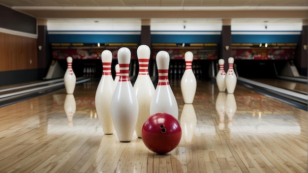 La pelota de bolos roja rodando hacia los alfileres