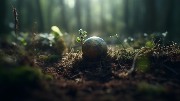 Una pelota en el bosque de la que crece un árbol