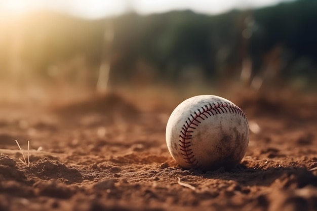 Pelota de campo de béisbol en tierra frente a un fondo borroso IA generativa