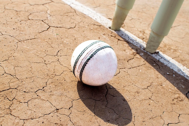 pelota de cricket blanca con sellos en el suelo, cricket, suelo