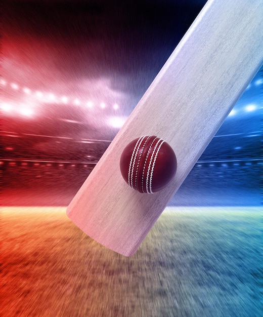 La pelota de cricket fue golpeada por una punta de bate de cricket aislada en un fondo blanco bateador de cricket golpeando