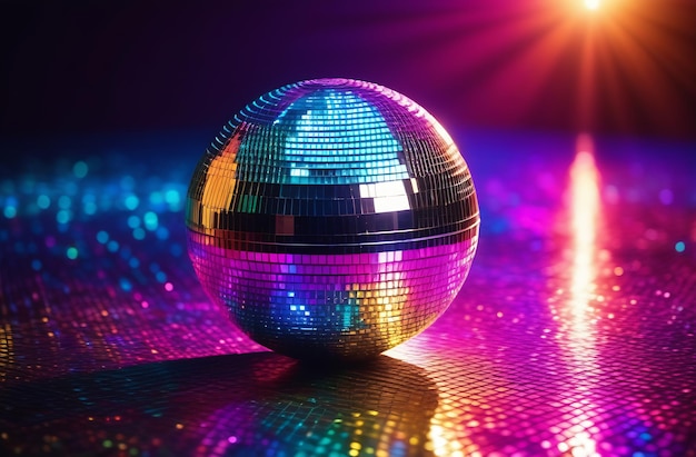 Una pelota de discoteca está sentada en una superficie brillante con un fondo colorido