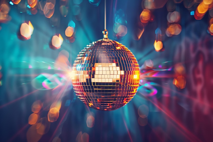 Una pelota de discoteca está suspendida del techo en una fiesta que refleja las luces