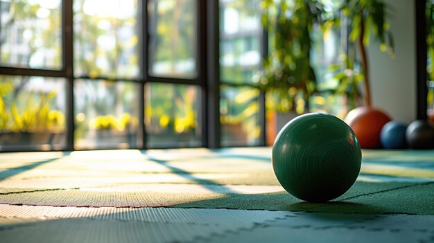 Una pelota de ejercicio verde en un gimnasio iluminado por el sol con grandes ventanas y otros equipos de fitness coloridos