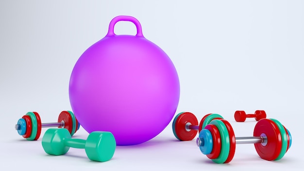 Foto pelota de fitness de colores con pesas de colores realistas aisladas sobre un fondo blanco