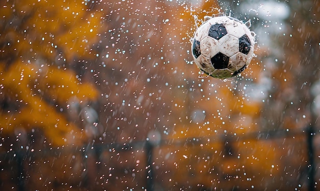 La pelota de fútbol en el aire durante un partido de lluvia