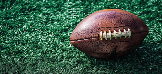 Pelota de fútbol americano marrón en el fondo verde del césped artificial del estadio Vista superior