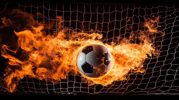 Foto una pelota de fútbol ardiente se dirige dramáticamente a la portería con una red ardiente en llamas.