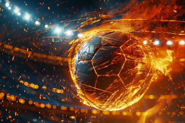 La pelota de fútbol ardiente va rápido en el estadio de fútbol AI generativa