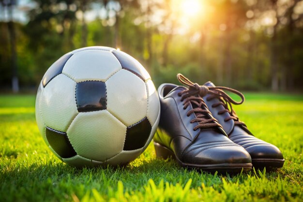 Foto pelota de fútbol y botas en la hierba verde