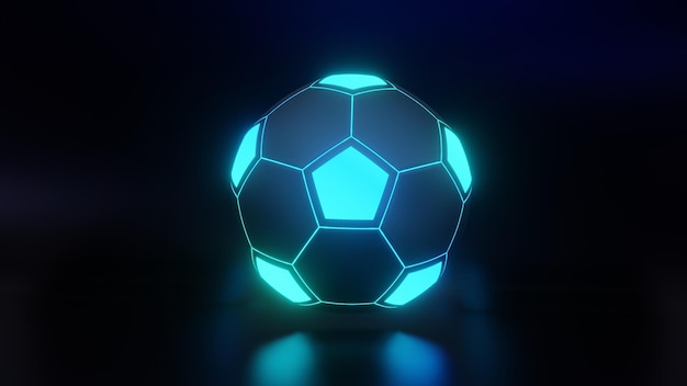 Una pelota de fútbol brillante con luces azules.