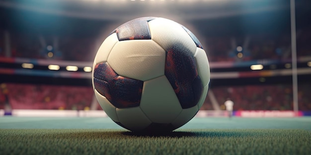 Una pelota de fútbol en un campo en un estadio con un estadio al fondo.