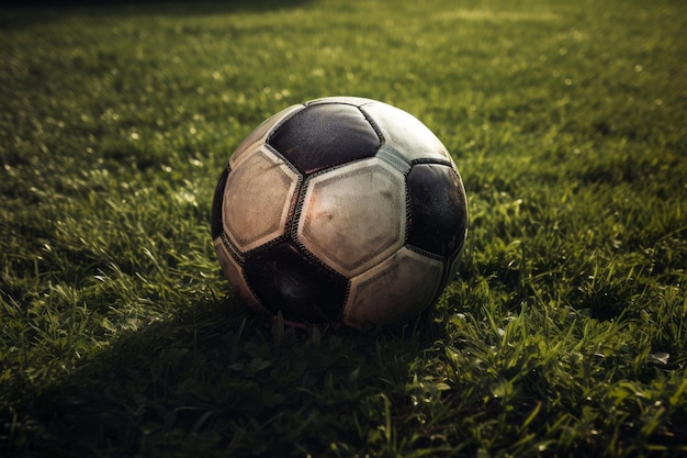 Una pelota de fútbol en un campo con el sol brillando sobre ella.