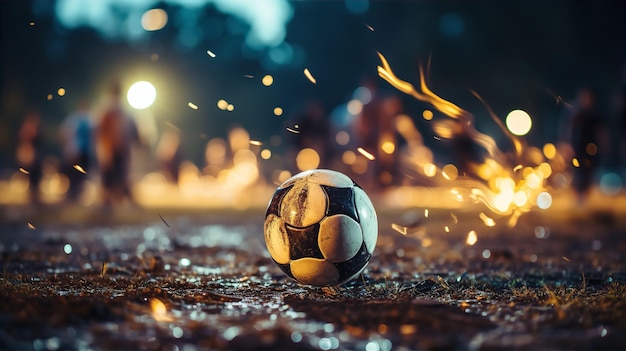 Pelota de fútbol en campo sucio al final del juego en primer plano concepto de fútbol deportivo profesional generado por IA