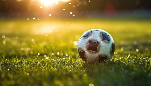 Una pelota de fútbol en un campo verde bañado en la luz del sol