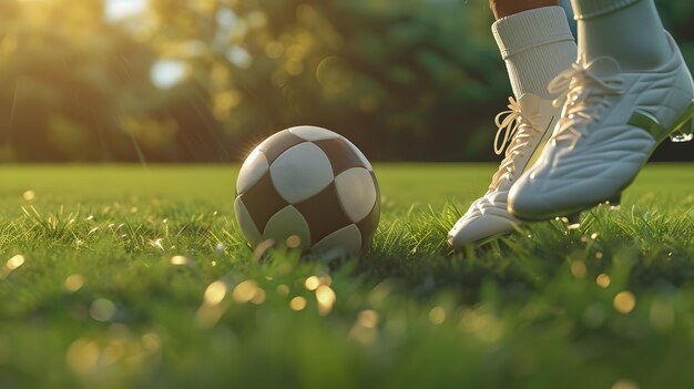 Foto la pelota de fútbol en el campo verde exuberante