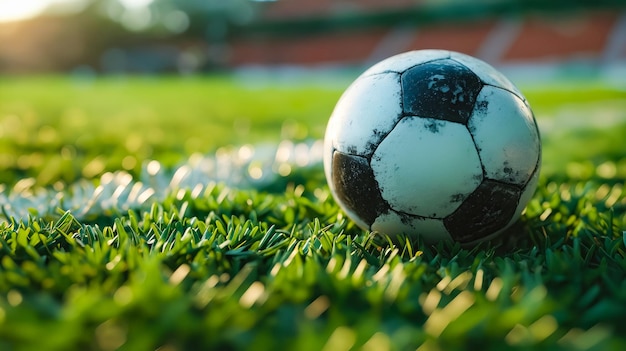 Una pelota de fútbol en el césped al atardecer