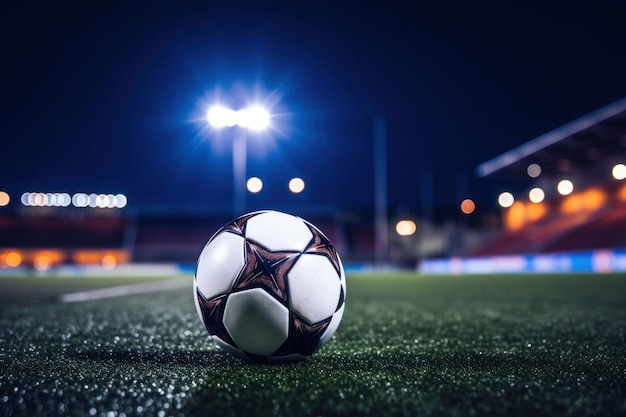 Pelota de fútbol en césped verde en un estadio deportivo Campo de fútbol con reflectores en la noche