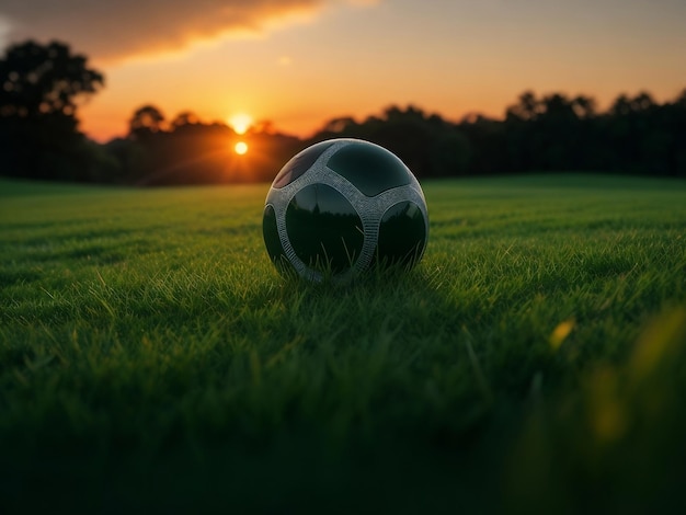 Una pelota de fútbol en el césped verde en la luz del amanecer generada
