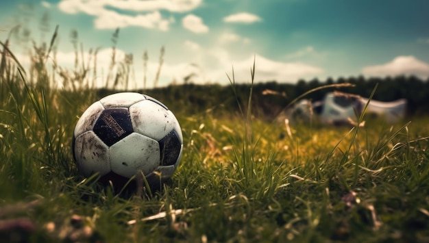 una pelota de fútbol descansando en un parche de hierba