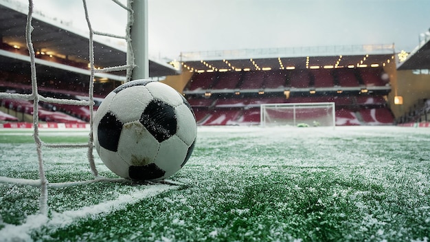 una pelota de fútbol está en la nieve delante de una meta