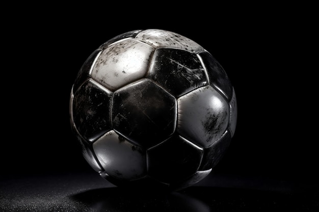 La pelota de fútbol exhibida contra un telón de fondo negro elegante Generative Ai