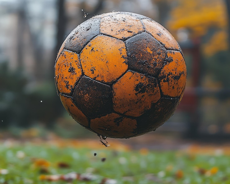 Una pelota de fútbol fangosa colgando en el aire con gotas de agua