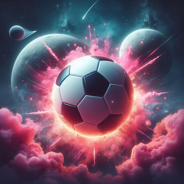 Una pelota de fútbol fotorrealista como un planeta en el espacio arte digital generado por la IA.