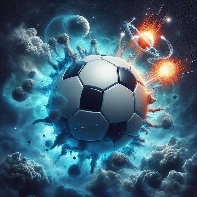 Una pelota de fútbol fotorrealista como un planeta en el espacio arte digital generado por la IA.