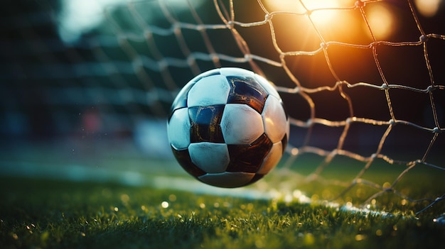 La pelota de fútbol fue pateada en la red de la portería en el fondo del campo de fútbol.