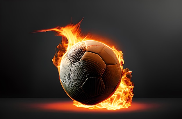 Una pelota de fútbol en llamas explota sobre un fondo oscuro como un cometa foto generada por IA