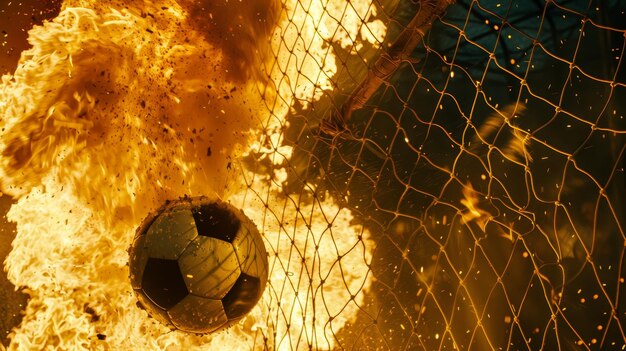 Foto una pelota de fútbol en llamas en llamas que significa un gol en un partido de fútbol con llamas e intenso calor