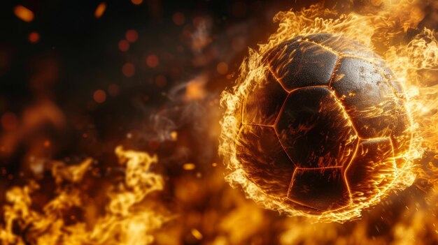 Foto una pelota de fútbol en llamas sobre un fondo negro a la derecha mucho espacio para el texto