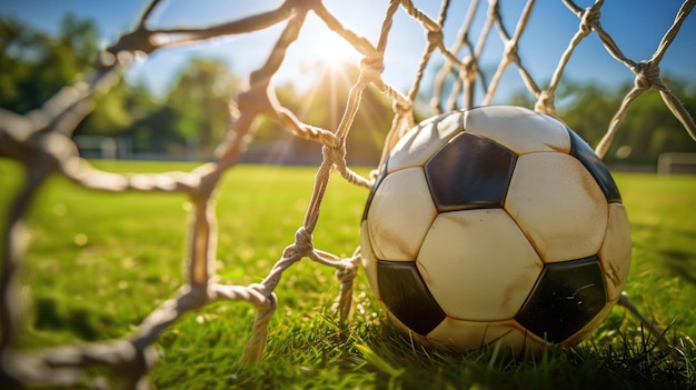 Pelota de fútbol en la red que marca un gol en un día soleado