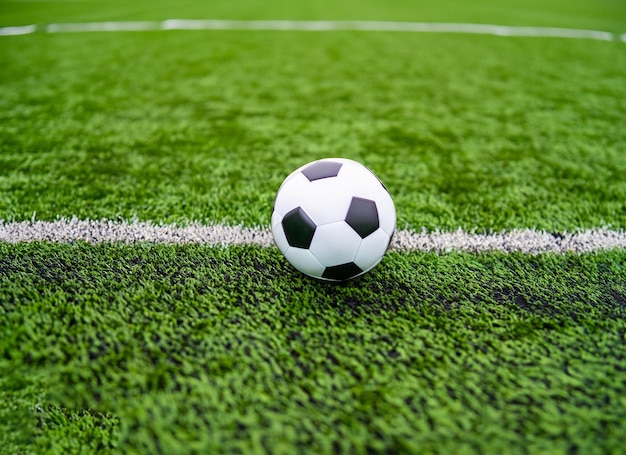 Una pelota de fútbol se sienta en un campo verde con una línea blanca.