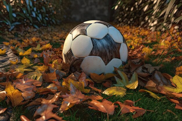 Una pelota de fútbol se sienta en la hierba en otoño