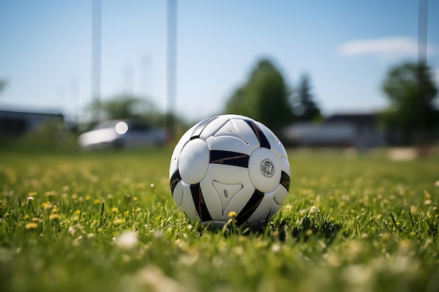 Pelota de futbol soccer sobre el cesped de un estadio con iluminación natural