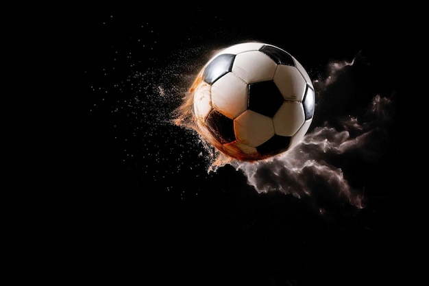 La pelota de fútbol vuela en el aire de una patada rastros de trayectoria fondo oscuro aislar