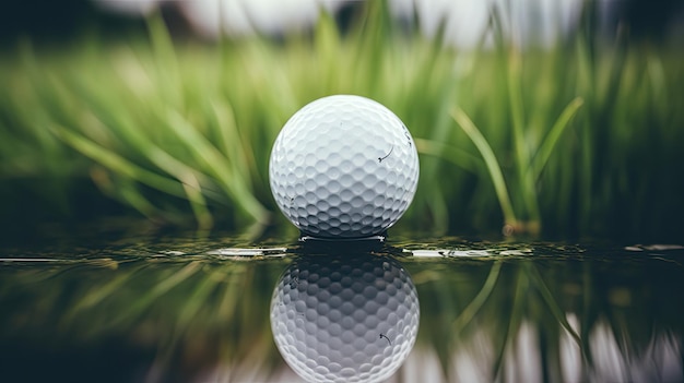 Pelota de golf en el agua con césped de fondo