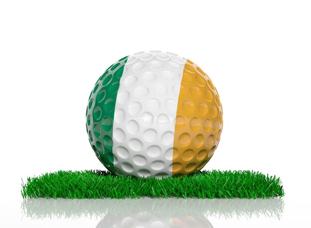 Pelota de golf con bandera de Irlanda sobre hierba verde
