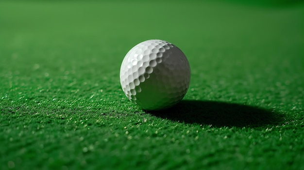 Una pelota de golf blanca se sienta en un green putting green La pelota está enfocada y el green está borroso en el fondo