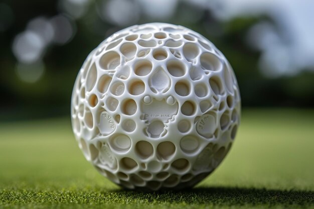 Una pelota de golf blanca se sienta en la parte superior de un campo verde exuberante una pelota de golfe de diseño intrincado generada por la IA