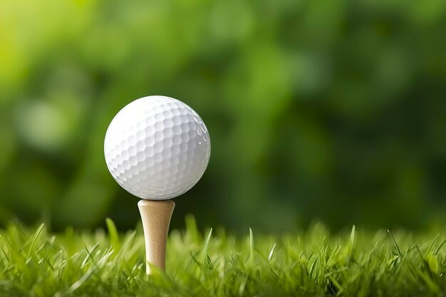 Pelota de golf blanca en un tee de madera con hierba