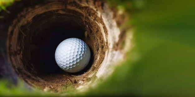 La pelota de golf cae en el agujero en la vista de la cámara dentro del primer plano del agujero