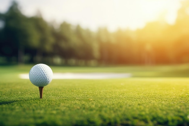 Pelota de golf en campo verde en club de golf de cerca