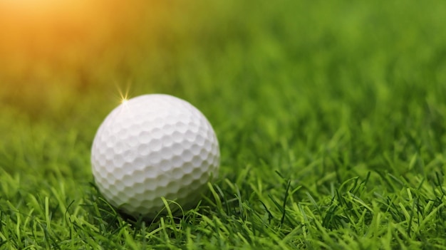 Pelota de golf de cerca en la hierba en un hermoso paisaje borroso de fondo de golf