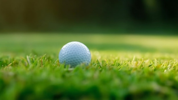 Pelota de golf en el césped con un fondo verde