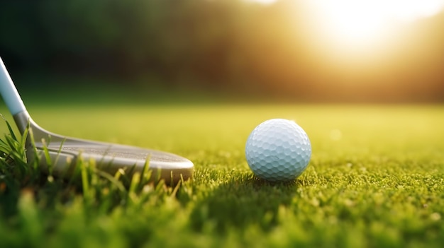 Pelota de golf en el césped con un palo de golf al fondo