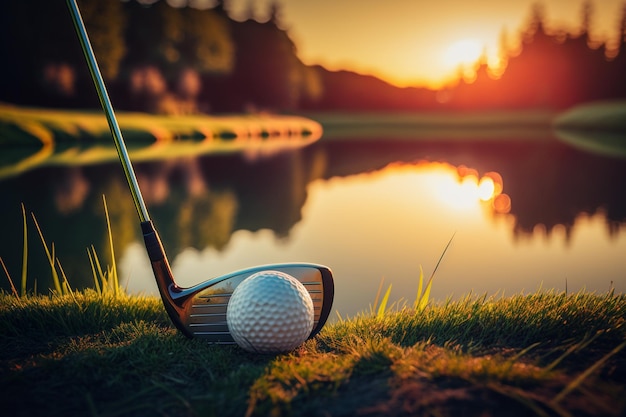 Pelota de golf y club de golf en un hermoso campo de golf al atardecer